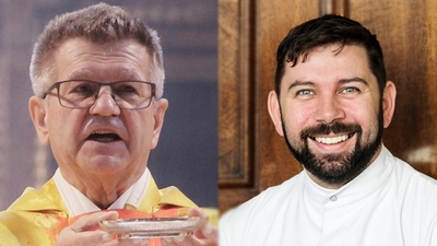links: P. Erhard Rauch SDS während seines 50-jährigen Priesterjubiläums, 23.6.2024, Michaelerkirche / rechts: P. Márton Gál SDS, 17.6.2023, Sommerrefektorium