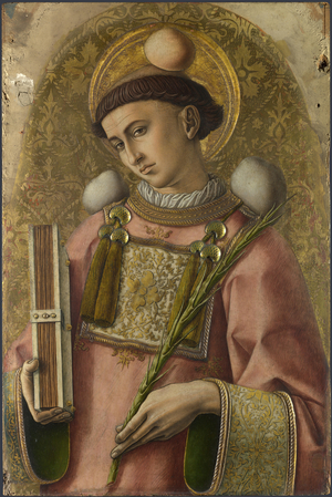 Der heilige Stephanus, ein Diakon der Jerusalemer Urgemeinde, gilt als erster Märtyrer des Christentums. Die Objekte um den Kopf und den Körper des Heiligen sind Darstellungen der Steine, mit denen er getötet wurde.