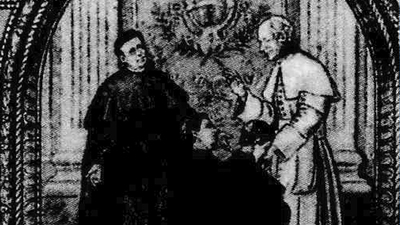 Pater Jordan stellt Papst Leo XIII. neue Missionare zur Segnung vor, nach einer Darstellung von Br. Agidius Röder SDS